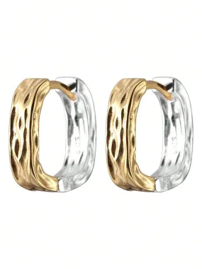 1pair Fashionable Two Tone Textured Hoop Earrings SD