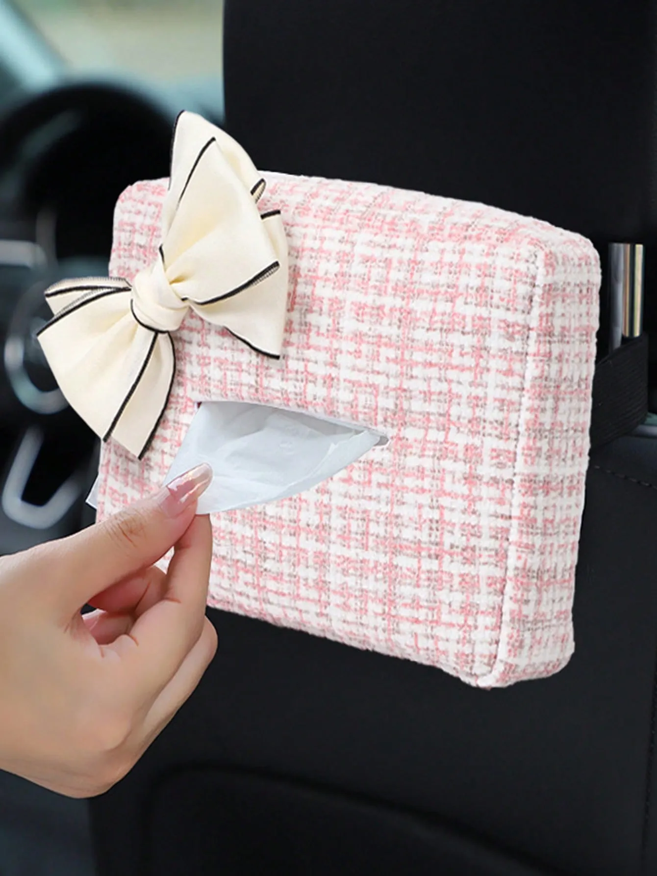 1pc Bow Decor Plaid Pattern Car Tissue Box