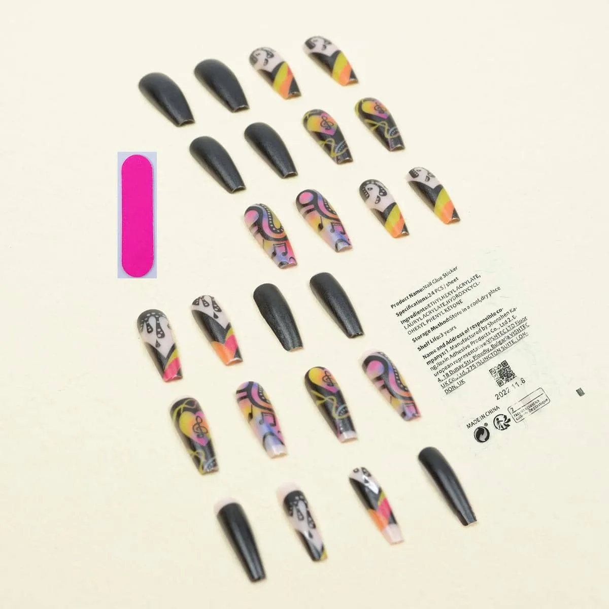 24 Pcs Coffin Music Note Colored Nails