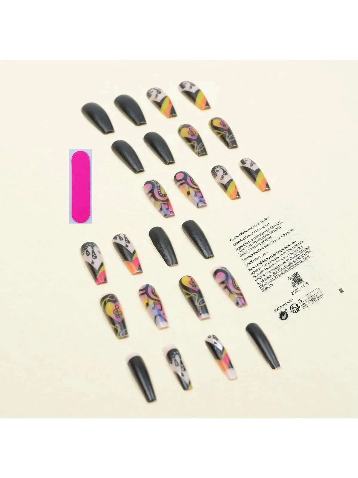 24 Pcs Coffin Music Note Colored Nails