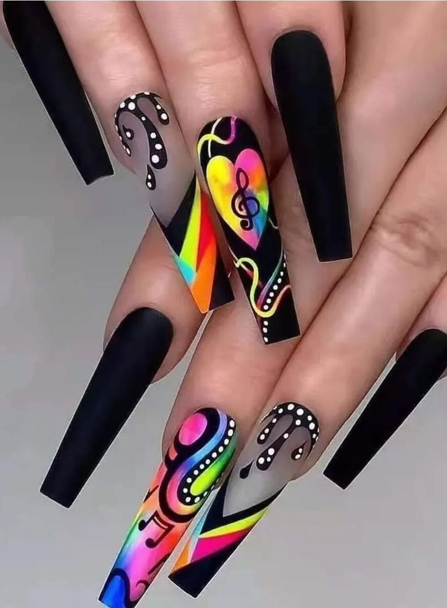 24 Pcs Coffin Music Note Colored Nails