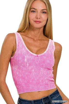 BRIGHT MAUVE WASHED RIB CROP V NECK TANK W/ REMOVABLE BRA