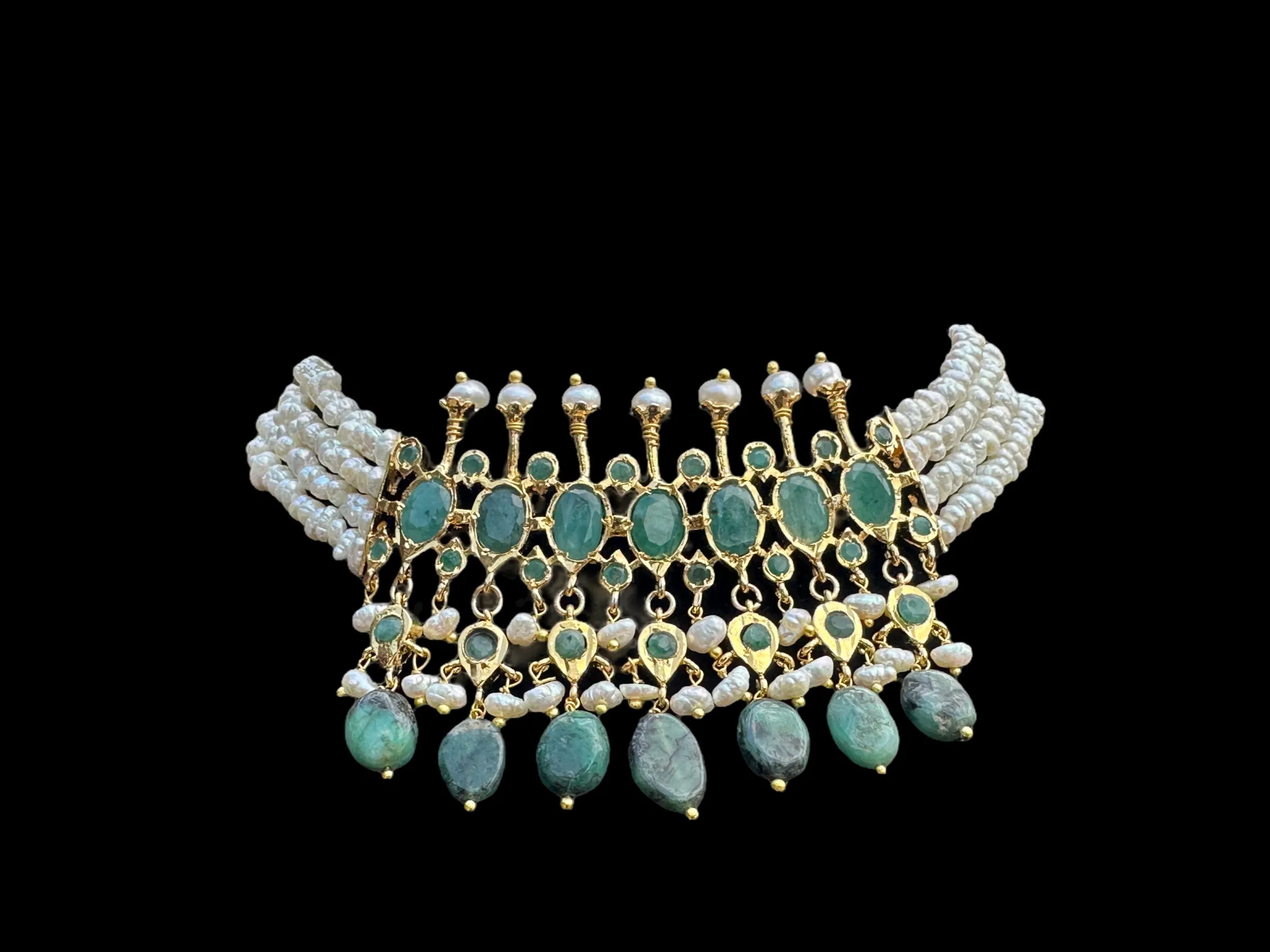 C242 Tirmani in choker style with jhumka  in fresh water pearls and emerald  (SHIPS IN 4 WEEKS  )