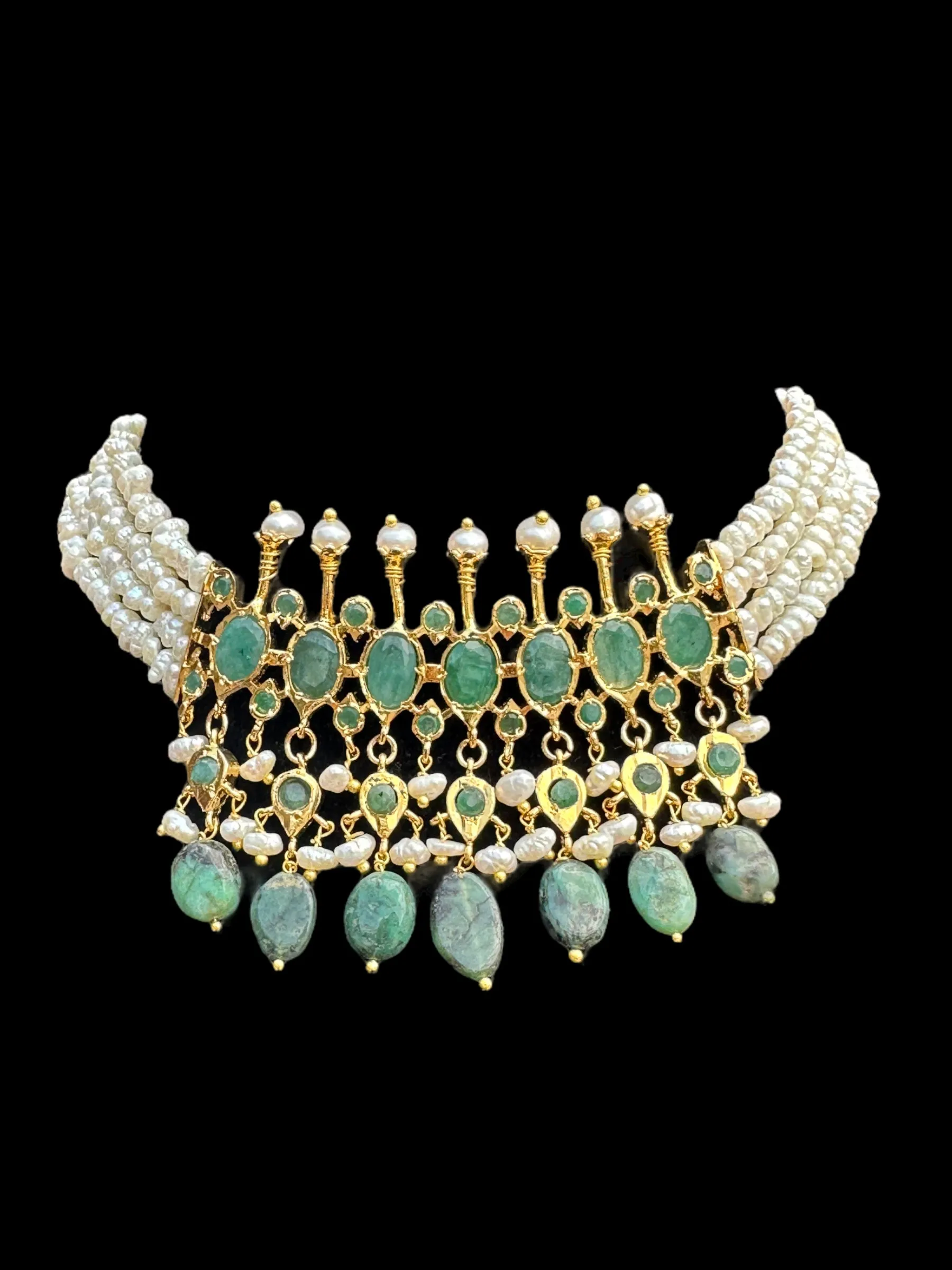 C242 Tirmani in choker style with jhumka  in fresh water pearls and emerald  (SHIPS IN 4 WEEKS  )