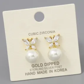 CZ Pave Butterfly With Pearl Gold Dipped Stud Earrings