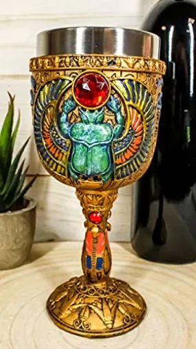 Ebros Ancient Egyptian Wine Goblet In Golden Hieroglyphic Design With Gods Of Egypt Face 6oz 7"Tall (Winged Scarab)