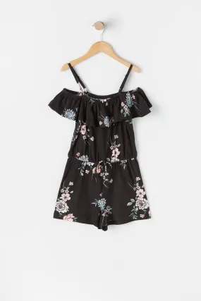 Girls Soft Black Floral Cold Shoulder Peasant Romper