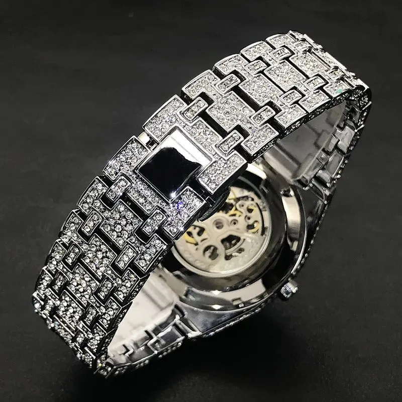 Iced Automatic Skeleton Watch in White Gold