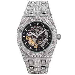 Iced Automatic Skeleton Watch in White Gold