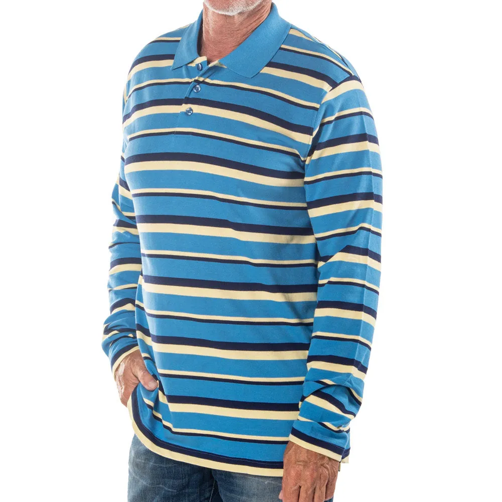 Men's Long Sleeve Blue Striped Cotton Traders Polo Shirt