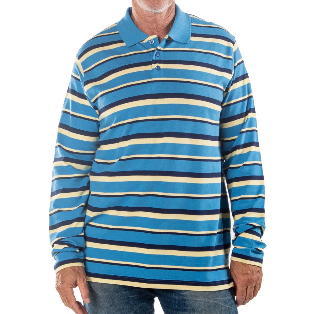 Men's Long Sleeve Blue Striped Cotton Traders Polo Shirt