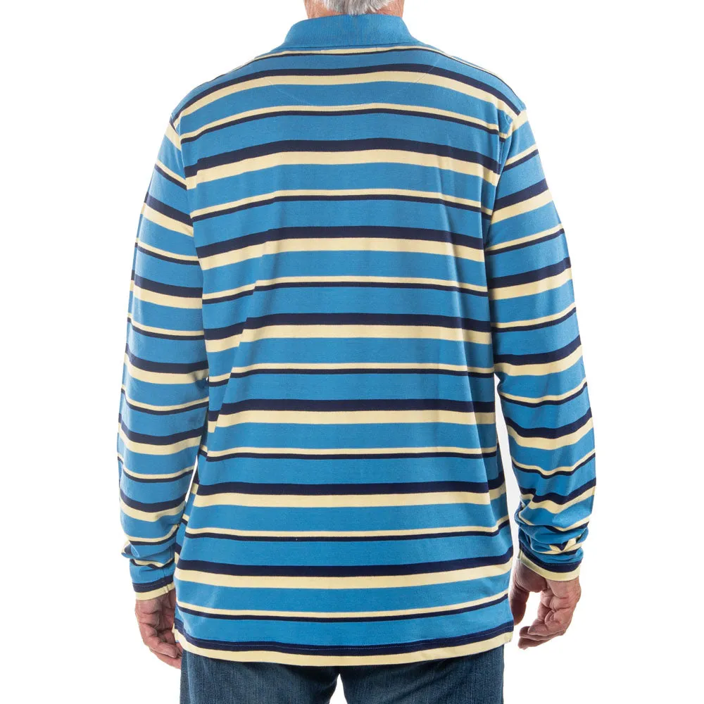 Men's Long Sleeve Blue Striped Cotton Traders Polo Shirt