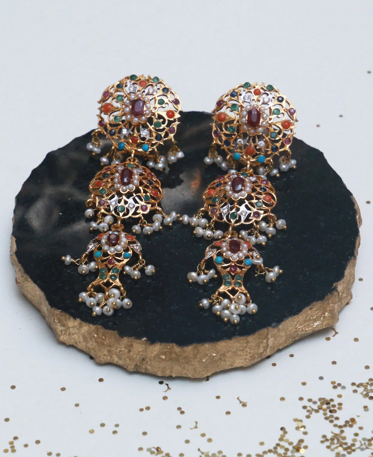 Naurattan Jhalar Hyderabadi Earrings