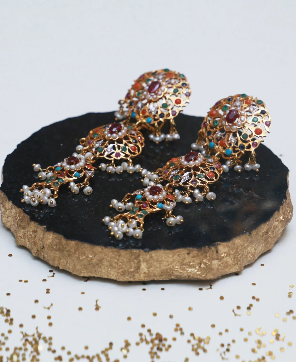 Naurattan Jhalar Hyderabadi Earrings