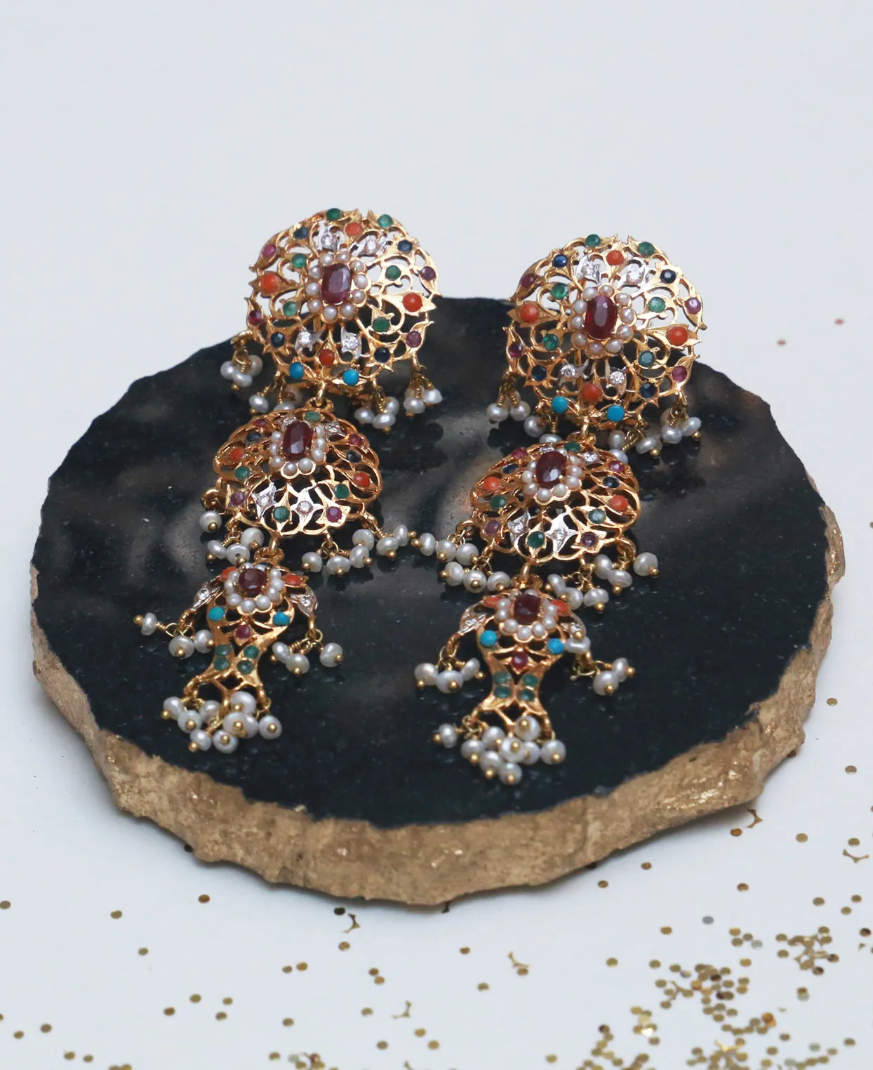 Naurattan Jhalar Hyderabadi Earrings