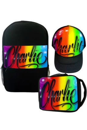 Rainbow Script Style - Custom Combo (7) 1x TruckerCap, 1x Backpack, 1x Lunchbox