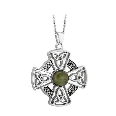 Rhodium Connemara Marble Celtic Cross Pendant