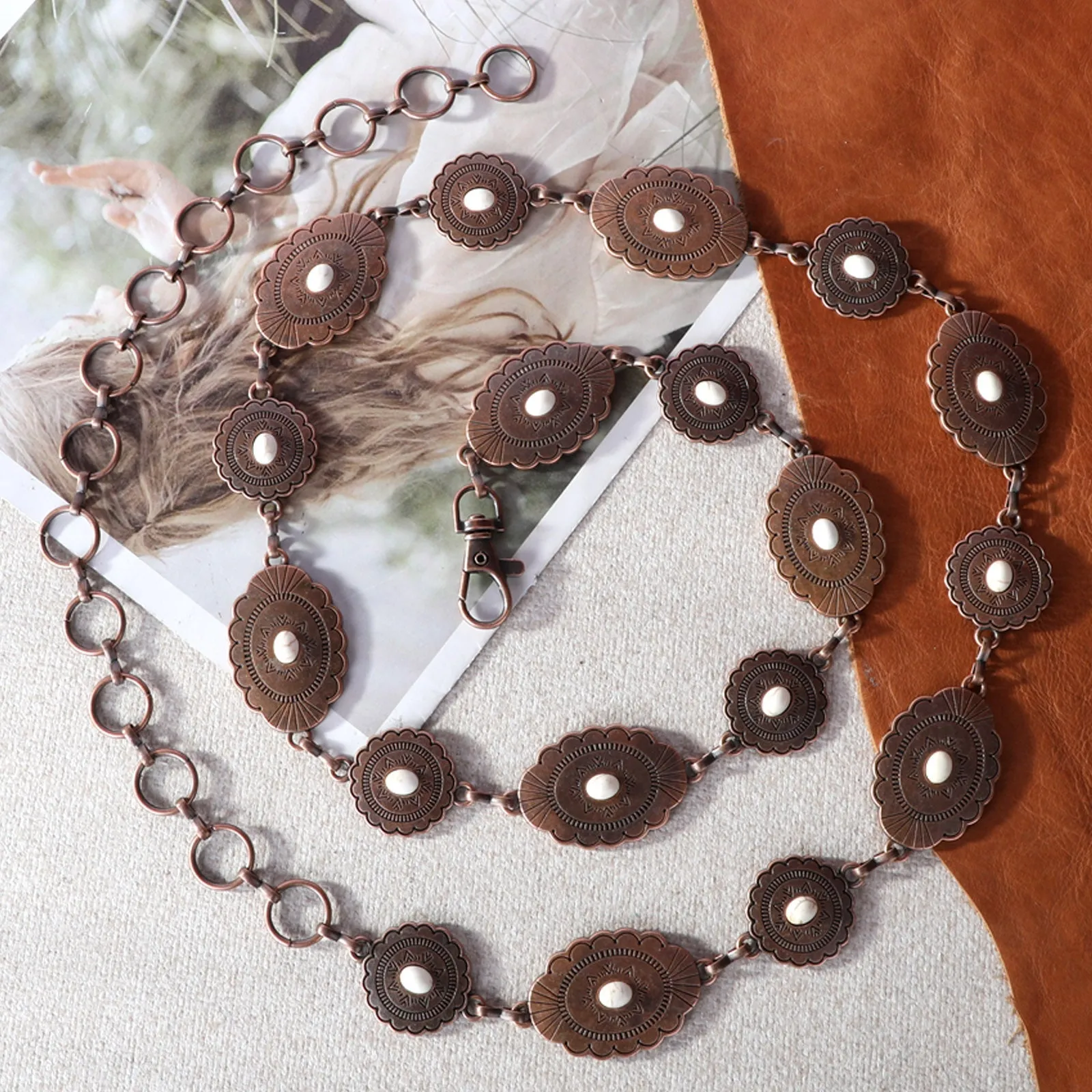 Rustic Couture Etched Silver/Bronze  Oval Stone Centered Concho Link Chain Belt